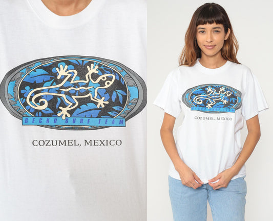 Y2K Gecko Surf Team Cozumel Mexico White Cotton Graphic Tee Medium