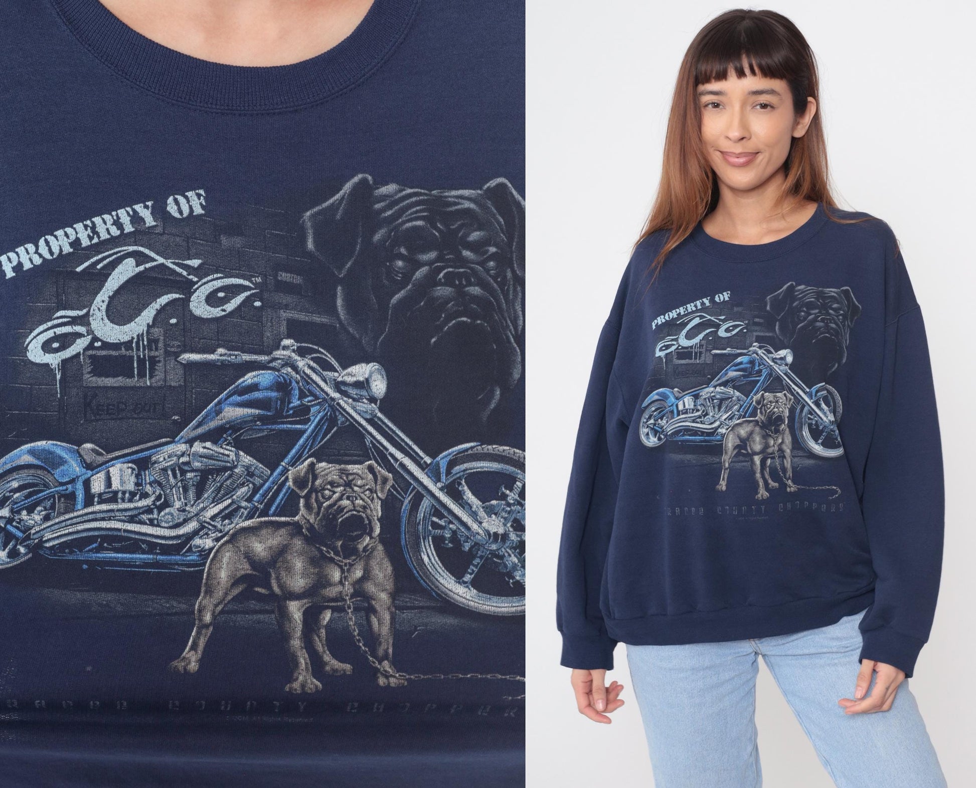 90s Jerzees Biker Sweatshirt Navy Blue Bulldog Motorcycle Graphic Medium M