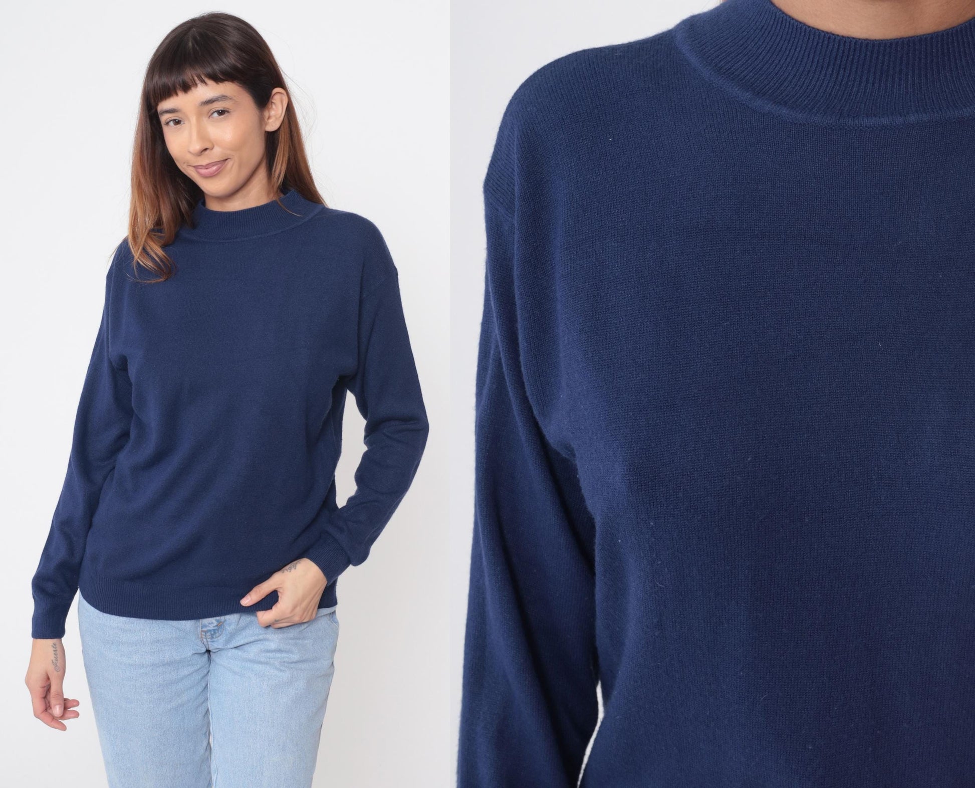 90s Navy Cashmere Sweater Mock Neck Pullover Medium M