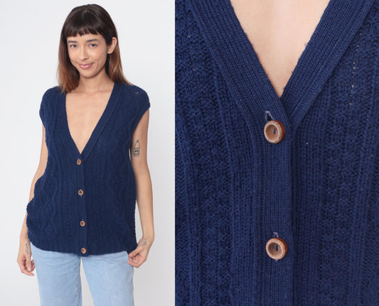 70s Navy Cable Knit Vest Deep V Button Front Sleeveless Medium