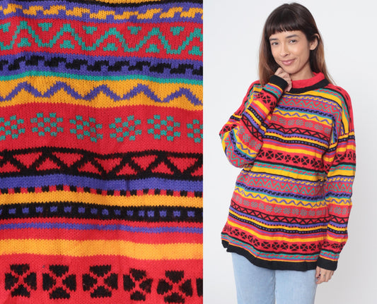 90s Green Lantern Aztec Geometric Sweater Multicolor Crew Neck Medium M