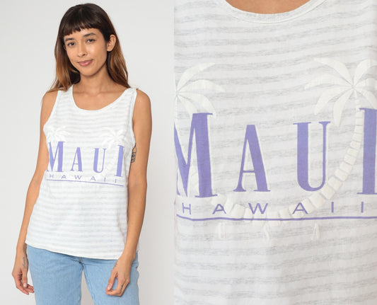 90s Maui Hawaii Tank Top White Stripe Purple Text Palm Tree Medium