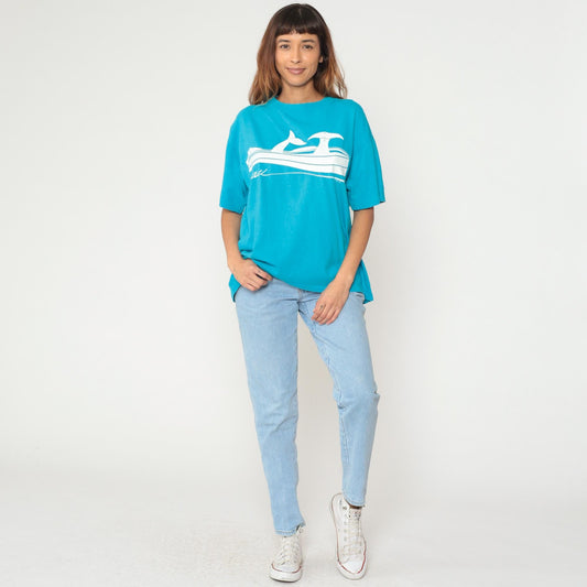 90s Maui Hawaii Whale Graphic Cotton T-Shirt Turquoise Wraparound Extra Large XL