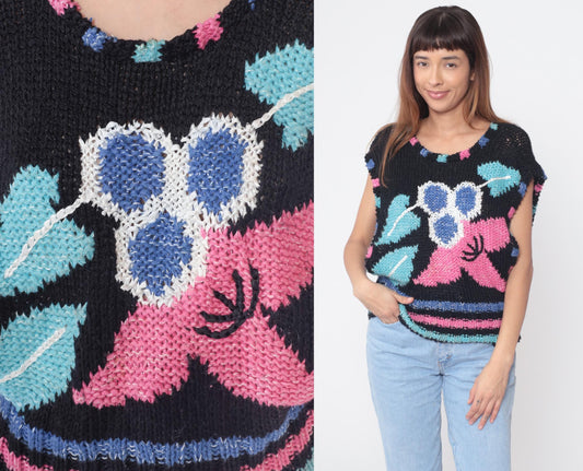 80s Sheridan Unique Knit Sweater Vest Black Floral Hot Pink Electric Blue Medium M