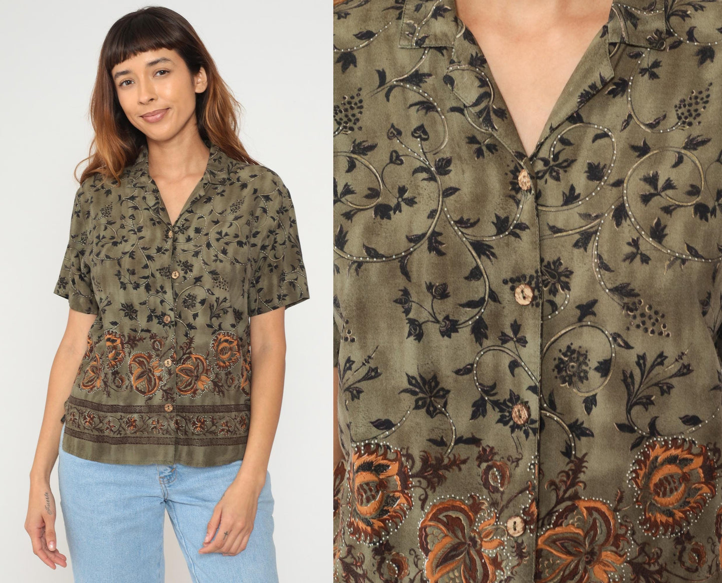 90s Teddi Petites Olive Green Rayon Botanical Floral Button Shirt Medium