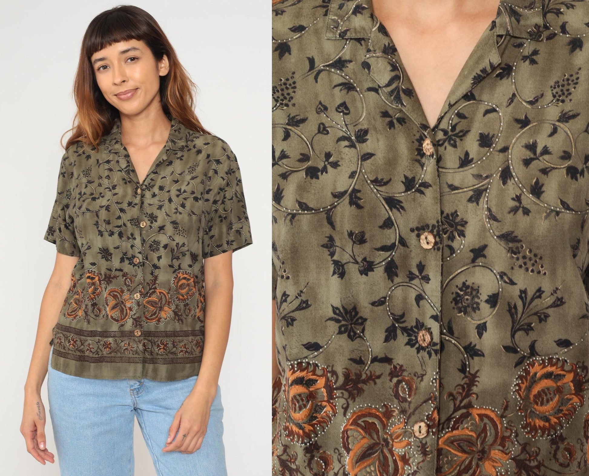 90s Teddi Petites Olive Green Rayon Botanical Floral Button Shirt Medium