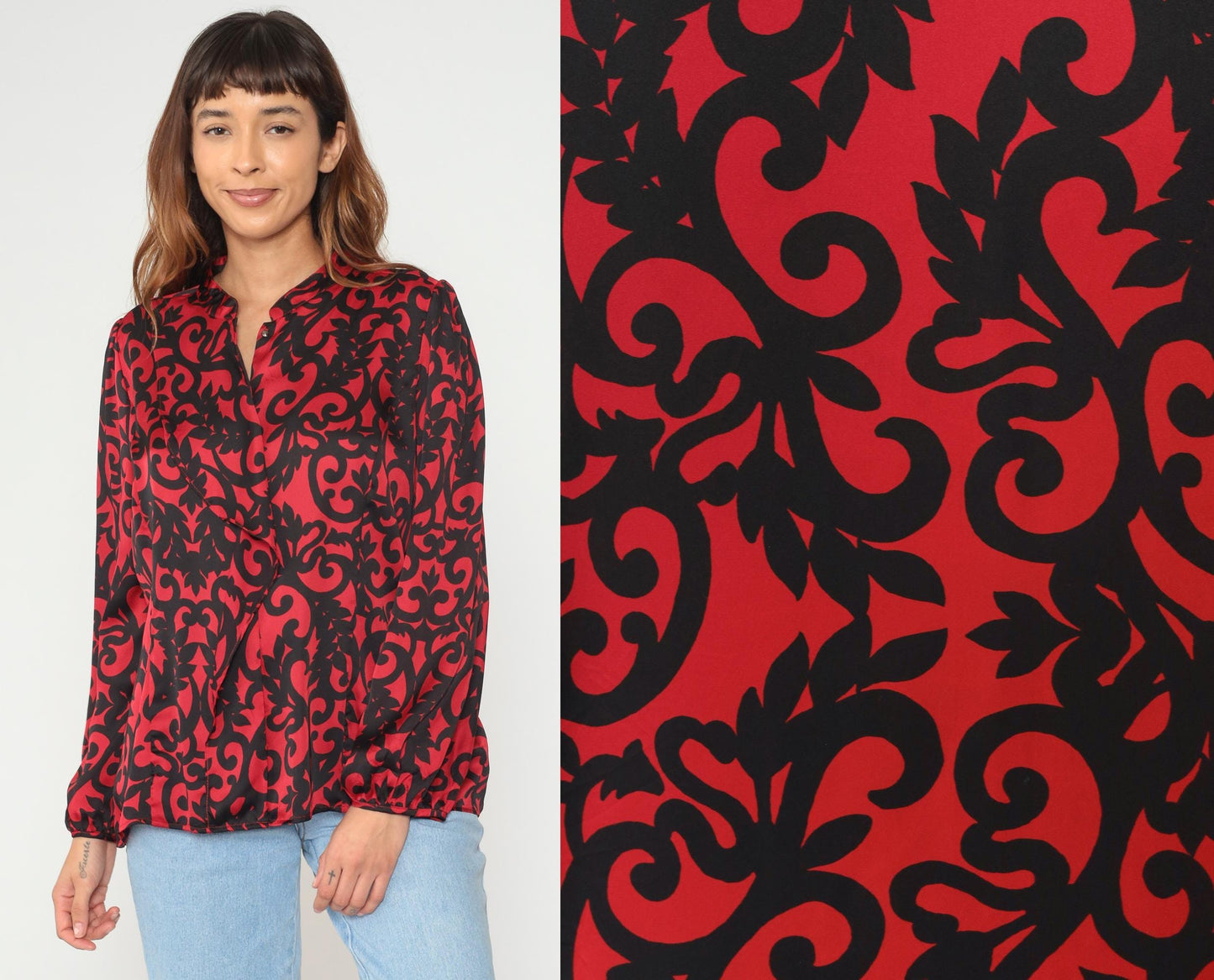 Y2K Worthington Petite Mandarin Collar Blouse Red Black Scroll Print Long Sleeve Extra Large
