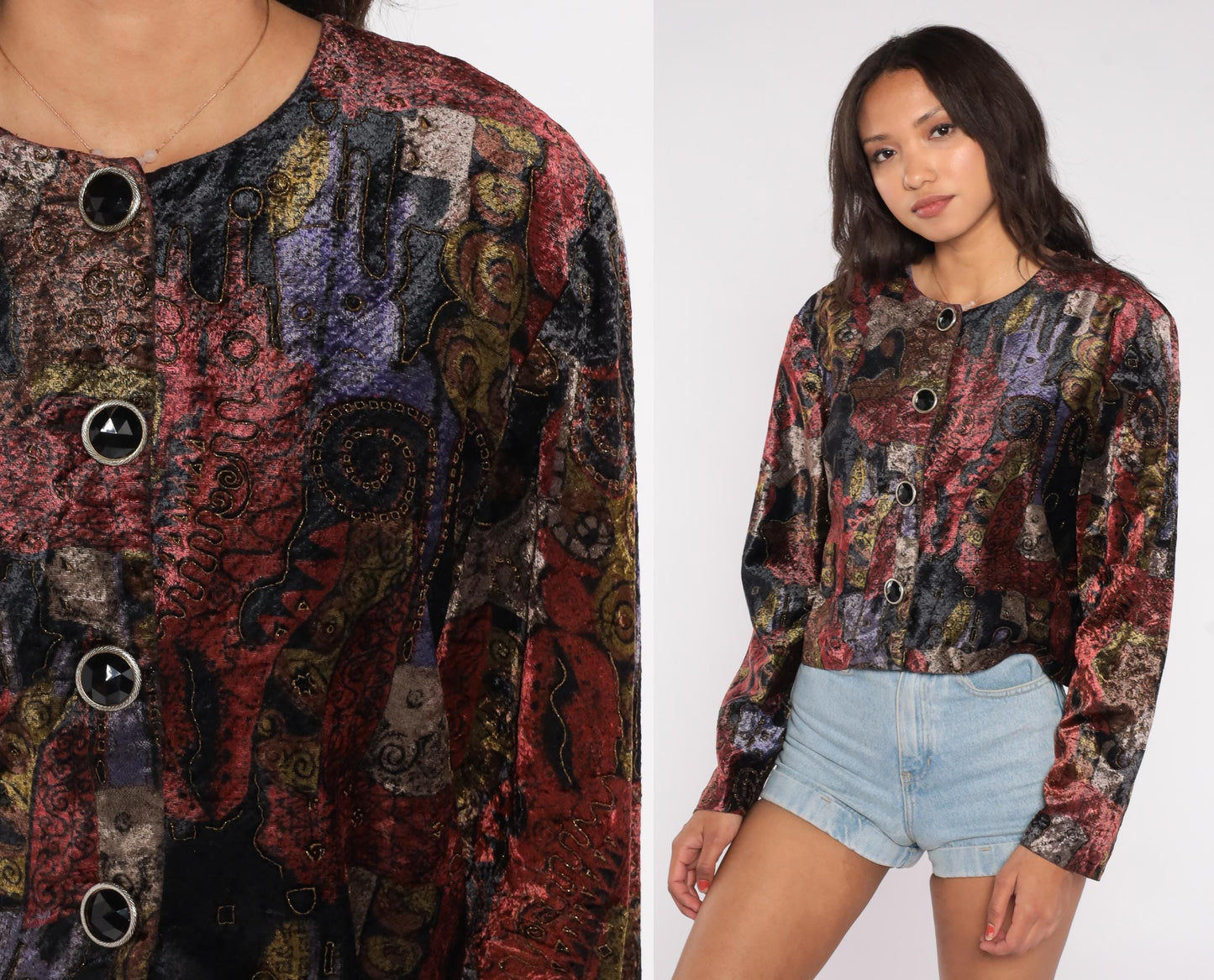 90s Options Melrose Cropped Jacket Abstract Art Pattern Burgundy Purple Gold Black Medium