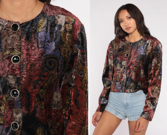 90s Options Melrose Cropped Jacket Abstract Art Pattern Burgundy Purple Gold Black Medium