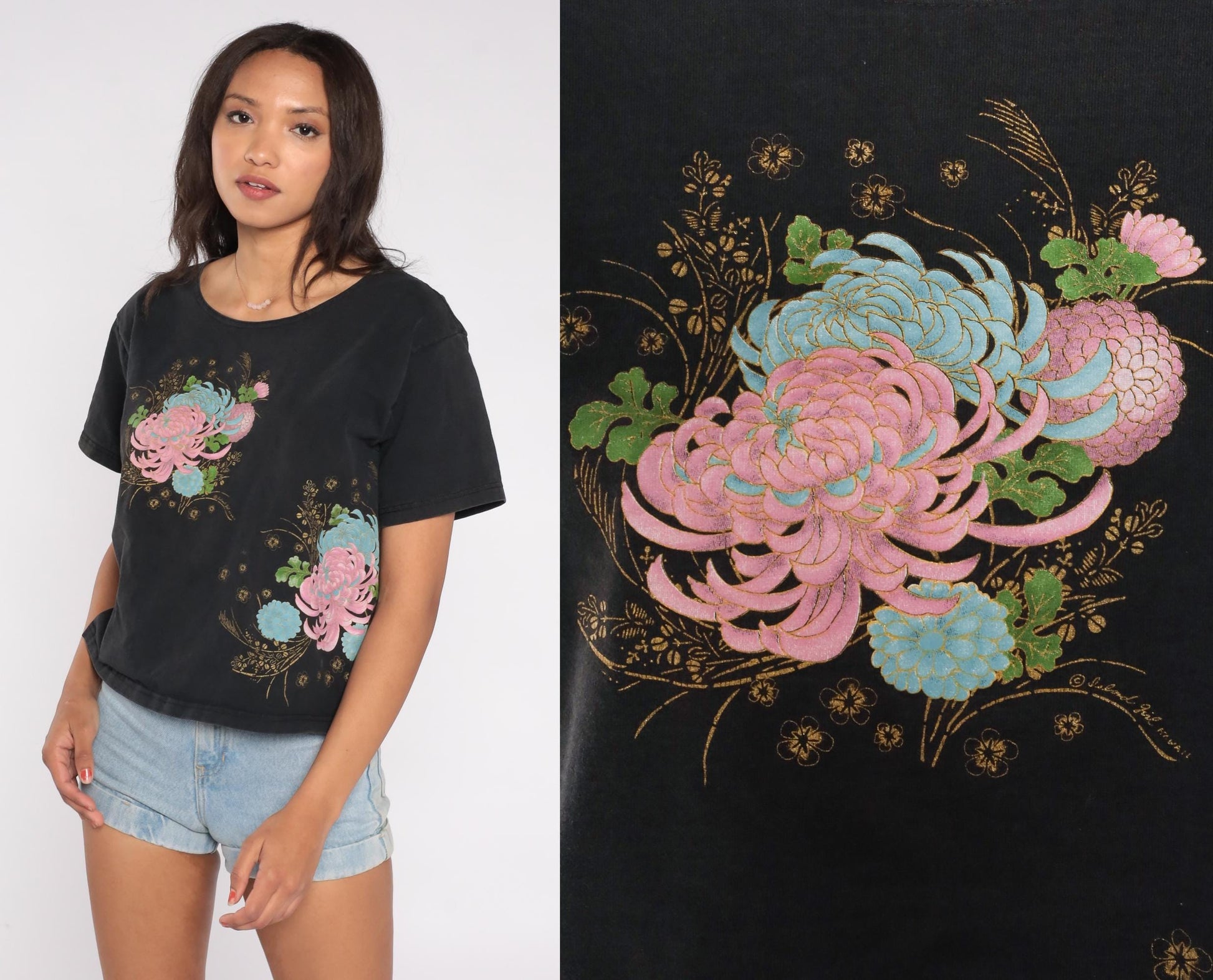 90s Chrysanthemum Floral T-Shirt Black Cotton Scoop Neck Cropped Medium M