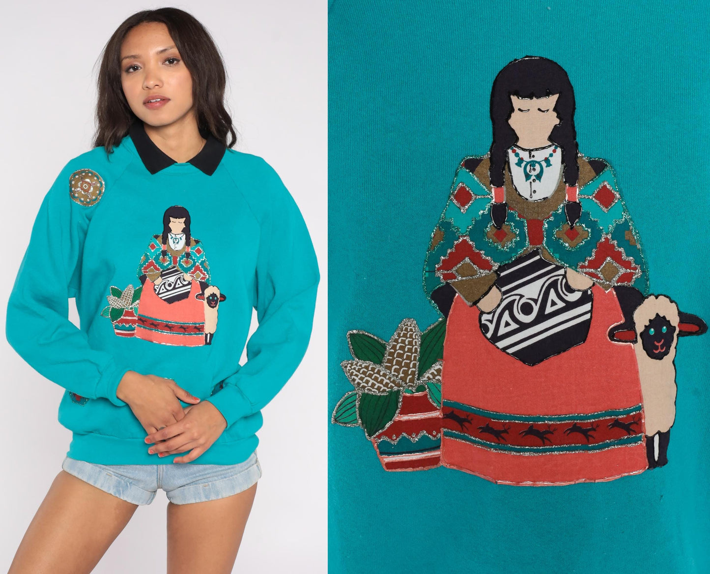 90s Southwestern Collared Sweatshirt Turquoise Native American Applique Large L