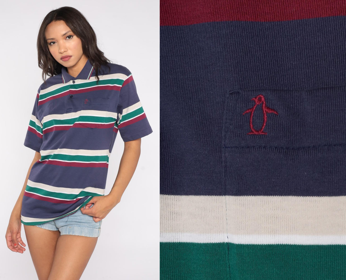 80s Penguin Club Striped Polo Shirt Navy Cream Green Burgundy Medium M