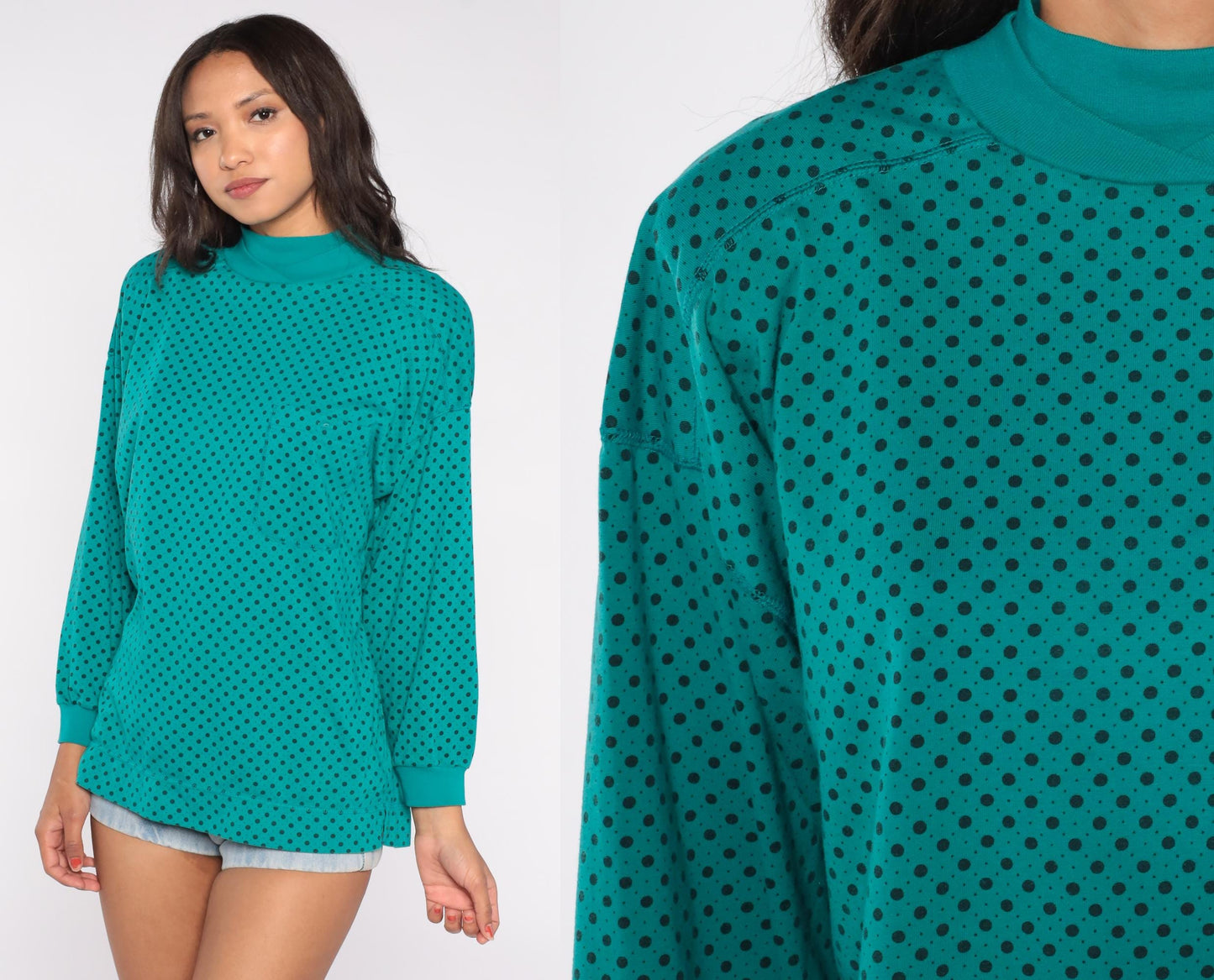 90s Victoria Jones Teal Polka Dot Mock Neck Sweatshirt Cotton Blend Large L