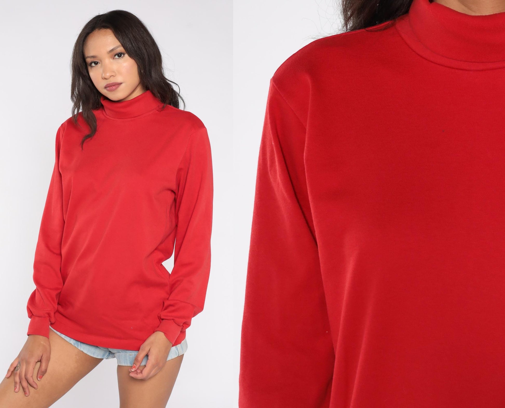 80s SKYR Red Mock Neck Sweatshirt Cotton Lycra Long Sleeve Large L