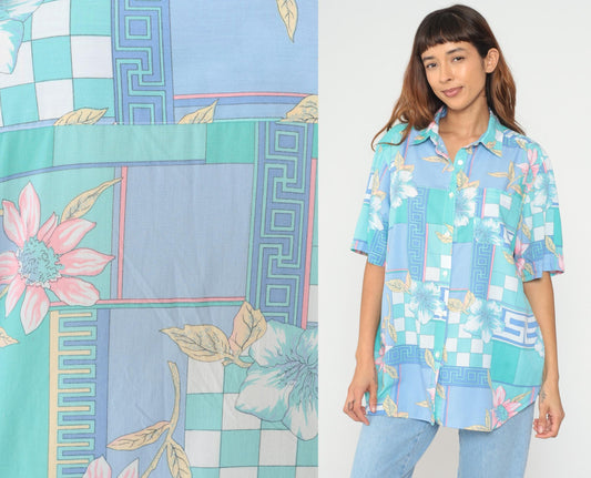 80s Alfred Dunner Tropical Floral Geometric Button Up Shirt Blue Teal Extra Large XL