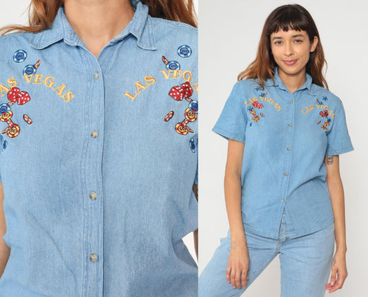 Y2K Las Vegas Casino Denim Shirt Embroidered Dice Gambling Small S