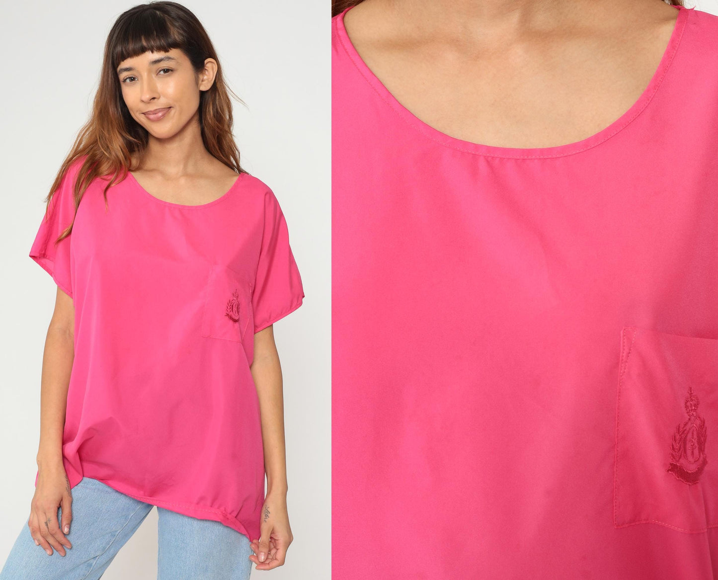 90s Hot Pink Polyester Tunic Top Short Sleeve Scoop Neck Extra Large XXL