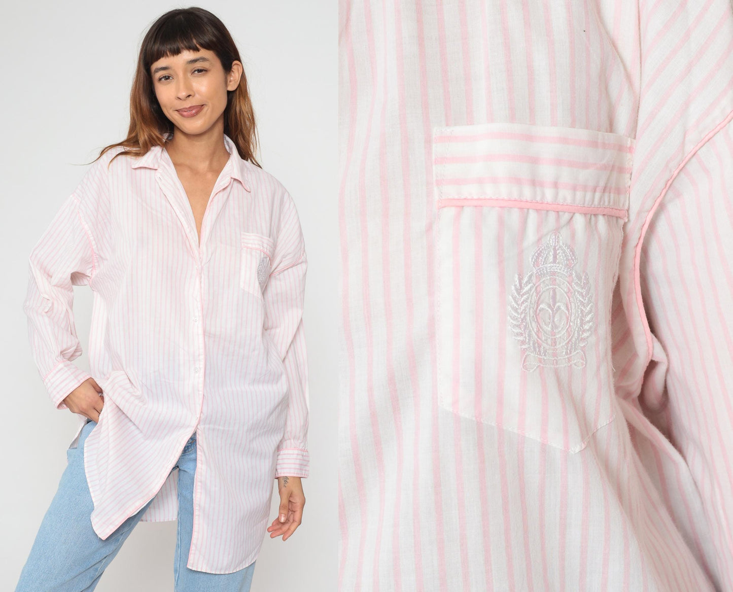 90s Apostrophe Pink White Striped Cotton Button Down Shirt Medium