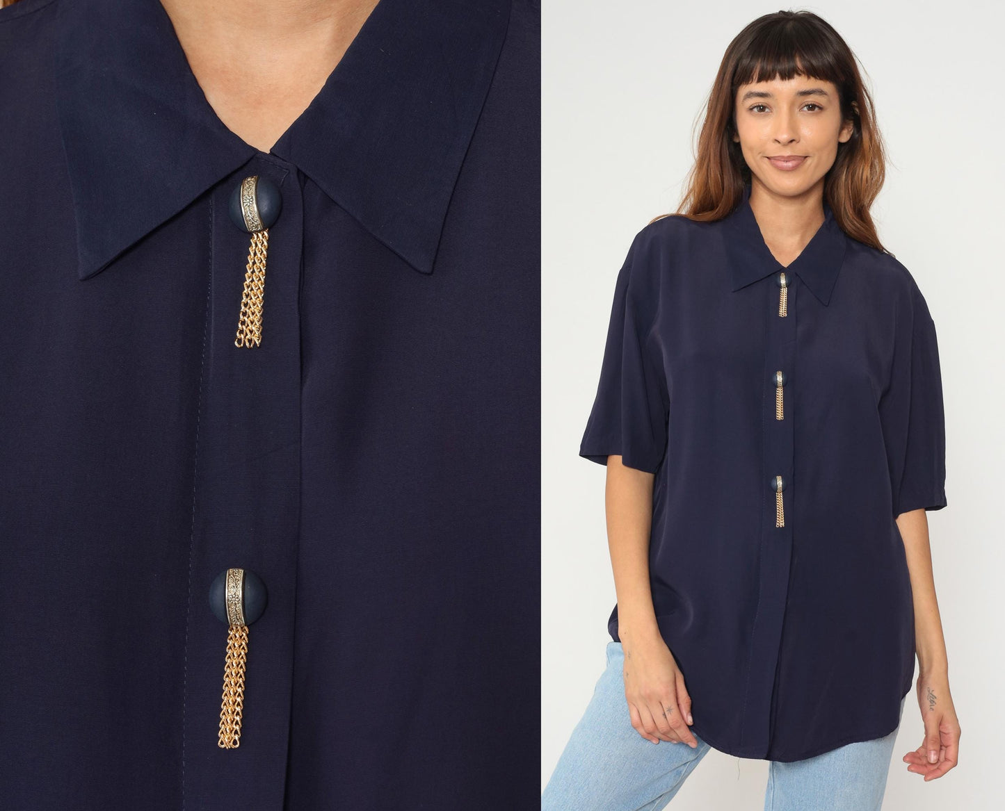 90s Navy Blouse with Gold Chain Detail Short Sleeve Point Collar Large L