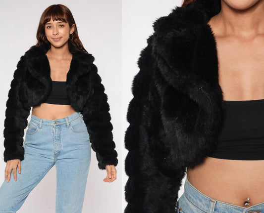 Y2K Black Faux Fur Cropped Jacket Oversized Collar Long Sleeve Medium