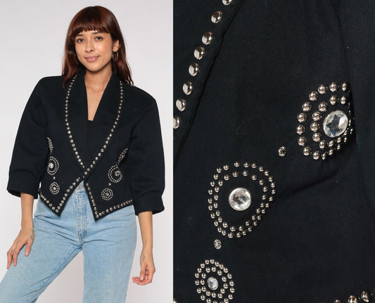 90s Molato Black Cotton Blazer Rhinestone Stud Embellished Cropped Large L