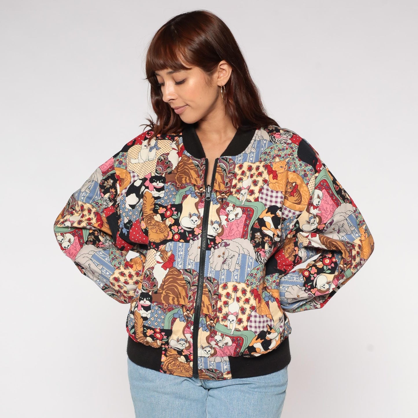 90s Infinity Chic Reversible Bomber Jacket Cat Farm Print Cotton