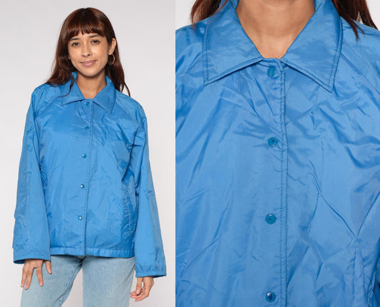 80s Sears Electric Blue Windbreaker Nylon Button-Front Jacket Large