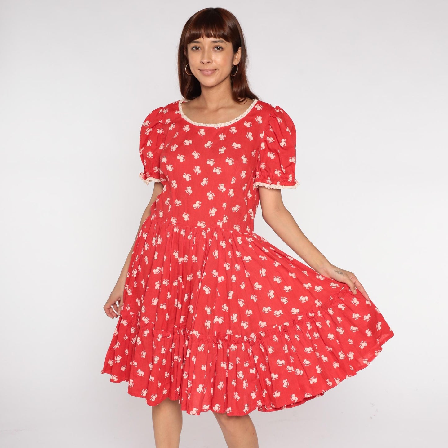 70s Apple Red Floral Prairie Dress Puff Sleeves Lace Trim Extra Large XL