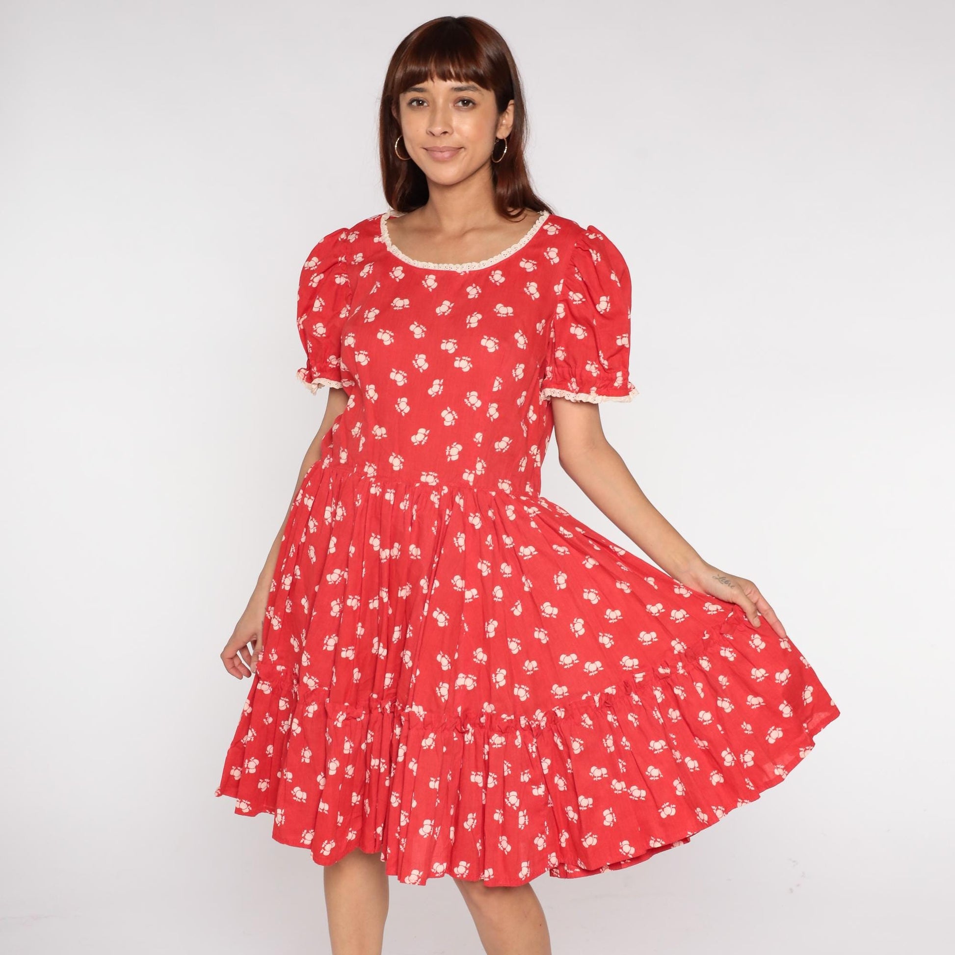70s Apple Red Floral Prairie Dress Puff Sleeves Lace Trim Extra Large XL