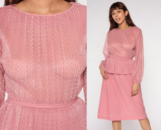 70s Hal Ferman Disco Dress Pink Metallic Peplum Long Sleeve Medium