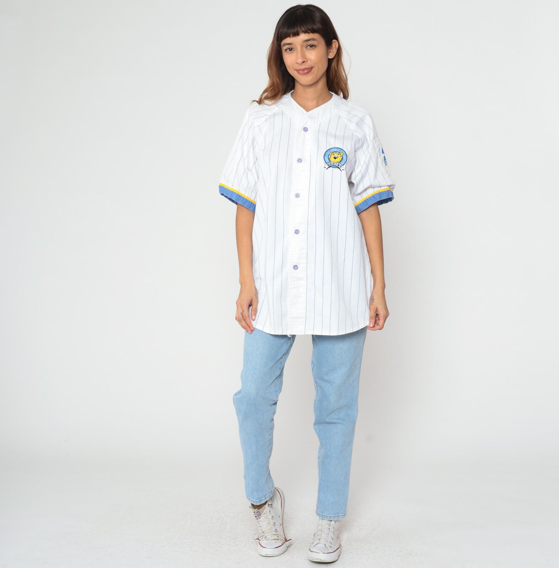 90s UCLA Bruins Baseball Jersey Starter White Pinstripe Button Front Extra Large XL