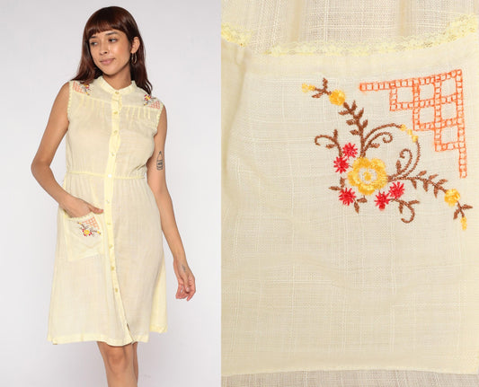 70s Sears Yellow Sleeveless Shirt Dress Floral Embroidery Small S