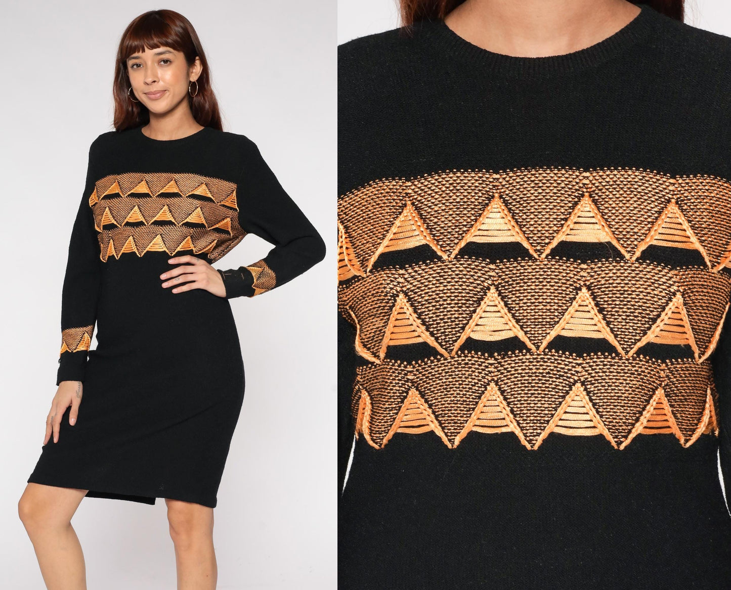 90s Steve Fabrikant Black Sweater Dress Gold Triangle Pattern Medium M