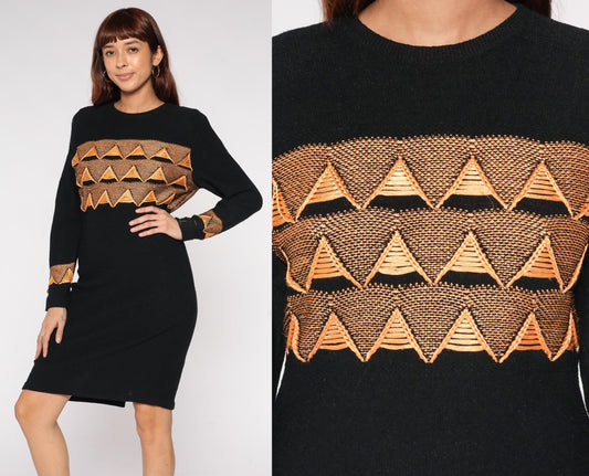 90s Steve Fabrikant Black Sweater Dress Gold Triangle Pattern Medium M
