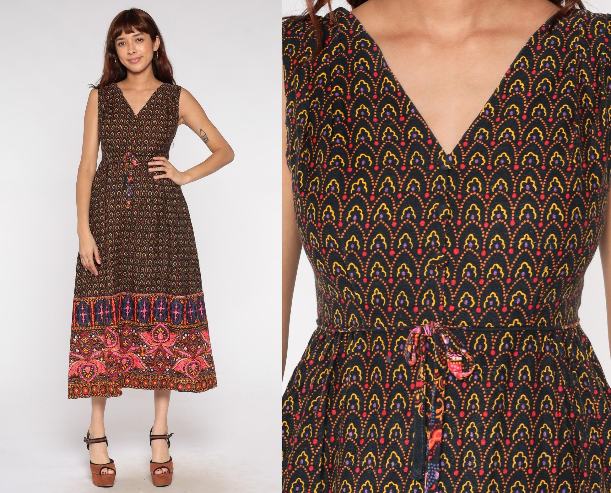 70s BJ's Fashions Honolulu Psychedelic Maxi Dress Cotton V-Neck Small
