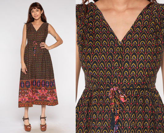 70s BJ's Fashions Honolulu Psychedelic Maxi Dress Cotton V-Neck Small