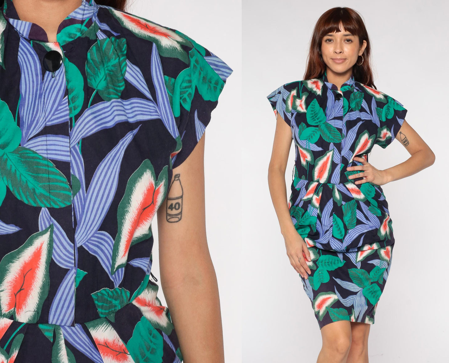 90s Tropical Leaf Cotton Dress Navy Green Mandarin Collar Cap Sleeve Small S