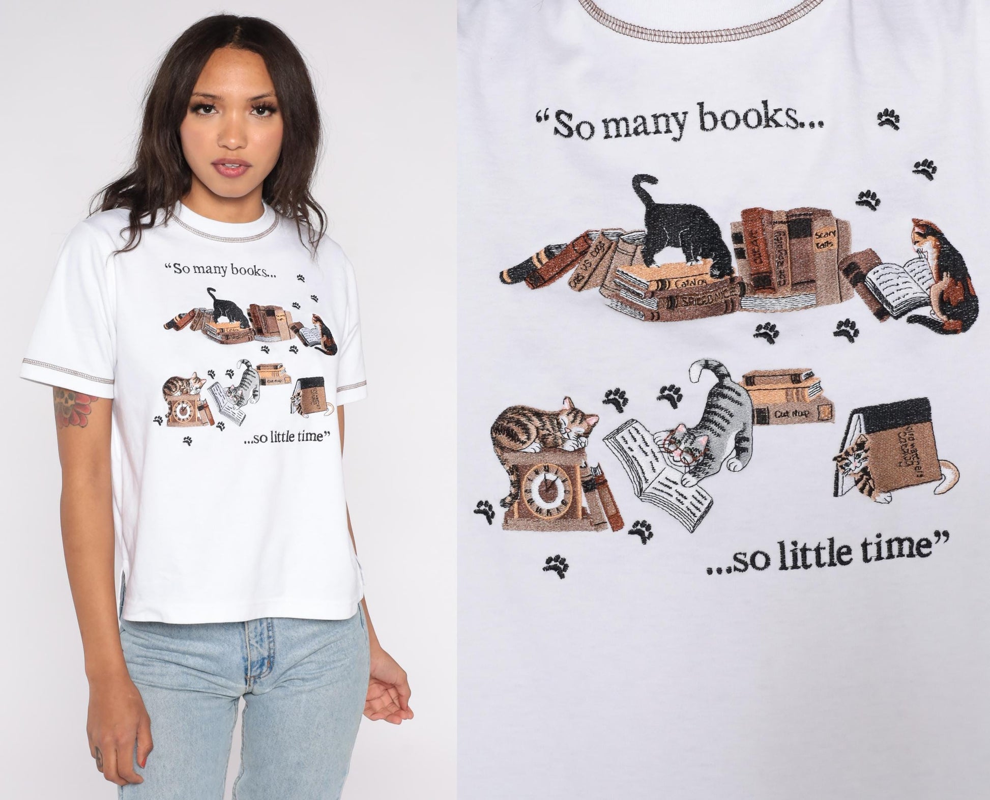90s Cat Book Lover Graphic Tee White Embroidered Quote Small Petite
