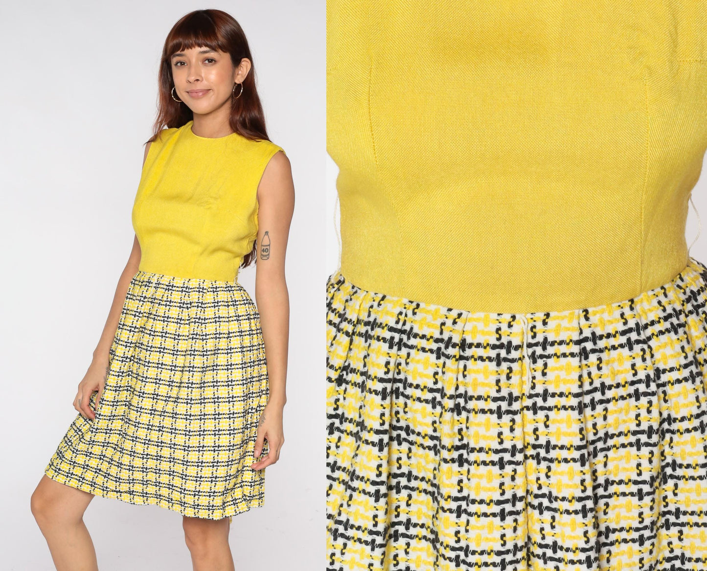 60s Yellow Plaid Mod Mini Dress Colorblock Black White Crew Neck Small