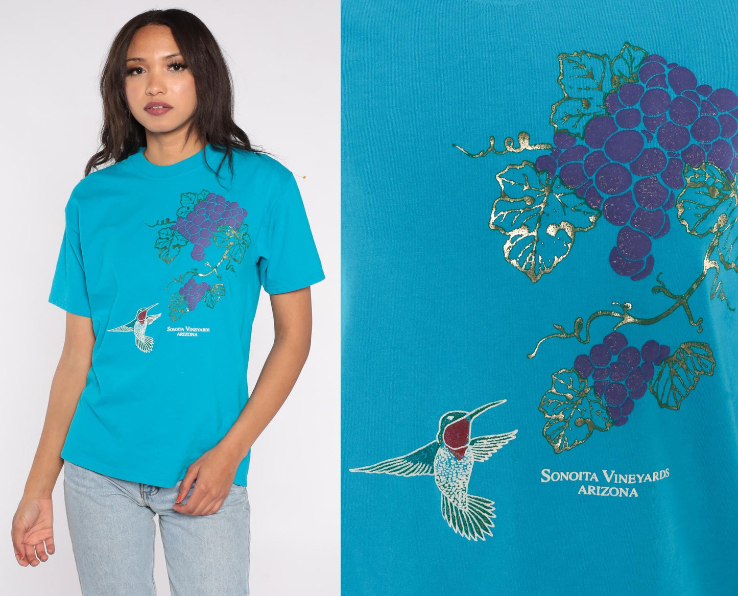 90s Sonoita Arizona Vineyards Graphic Tee Turquoise Hummingbird Purple Grapes Medium M