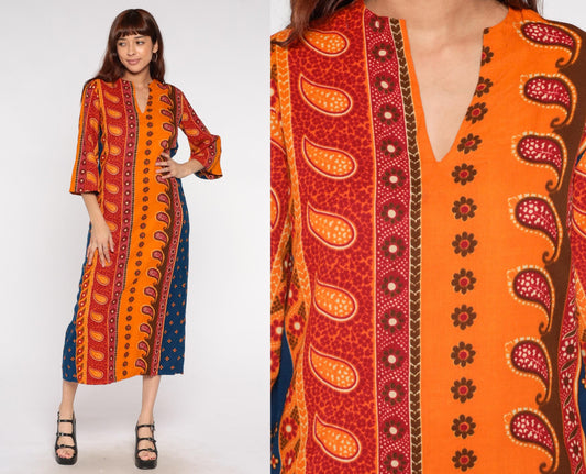 70s Caftan Dress Orange Blue Paisley Indian Print V-Neck Maxi Small