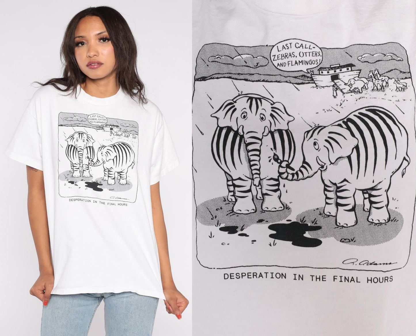 80s Noah's Ark Elephant Zebra Graphic T-Shirt Cotton Funny Animal Tee Large L