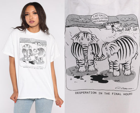 80s Noah's Ark Elephant Zebra Graphic T-Shirt Cotton Funny Animal Tee Large L