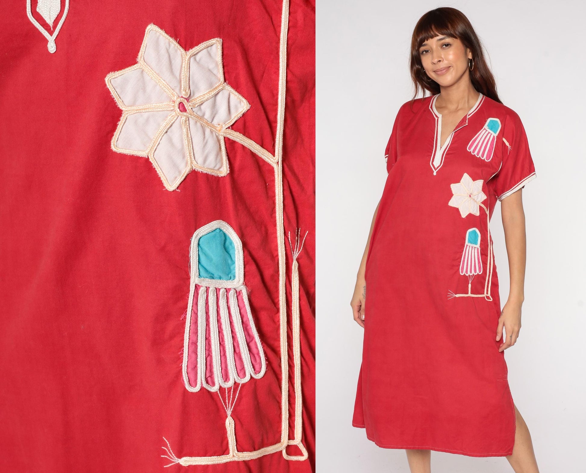80s Red Kaftan Dress Cotton Blend V-Neck Jellyfish Embroidered Midi Medium M