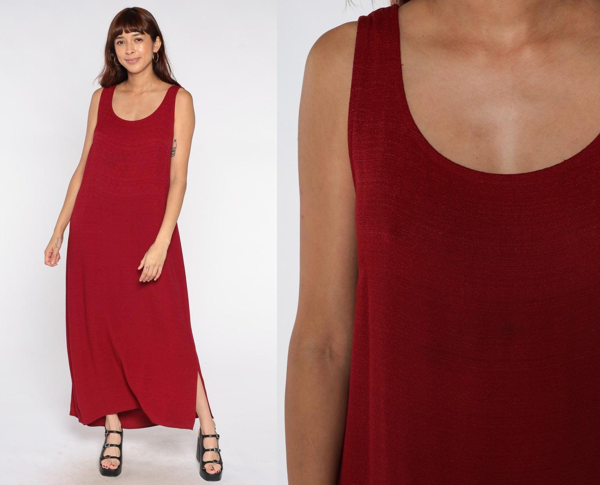 90s Jessica Howard Burgundy Maxi Dress Sleeveless Column Scoop Neck Side Slit Large