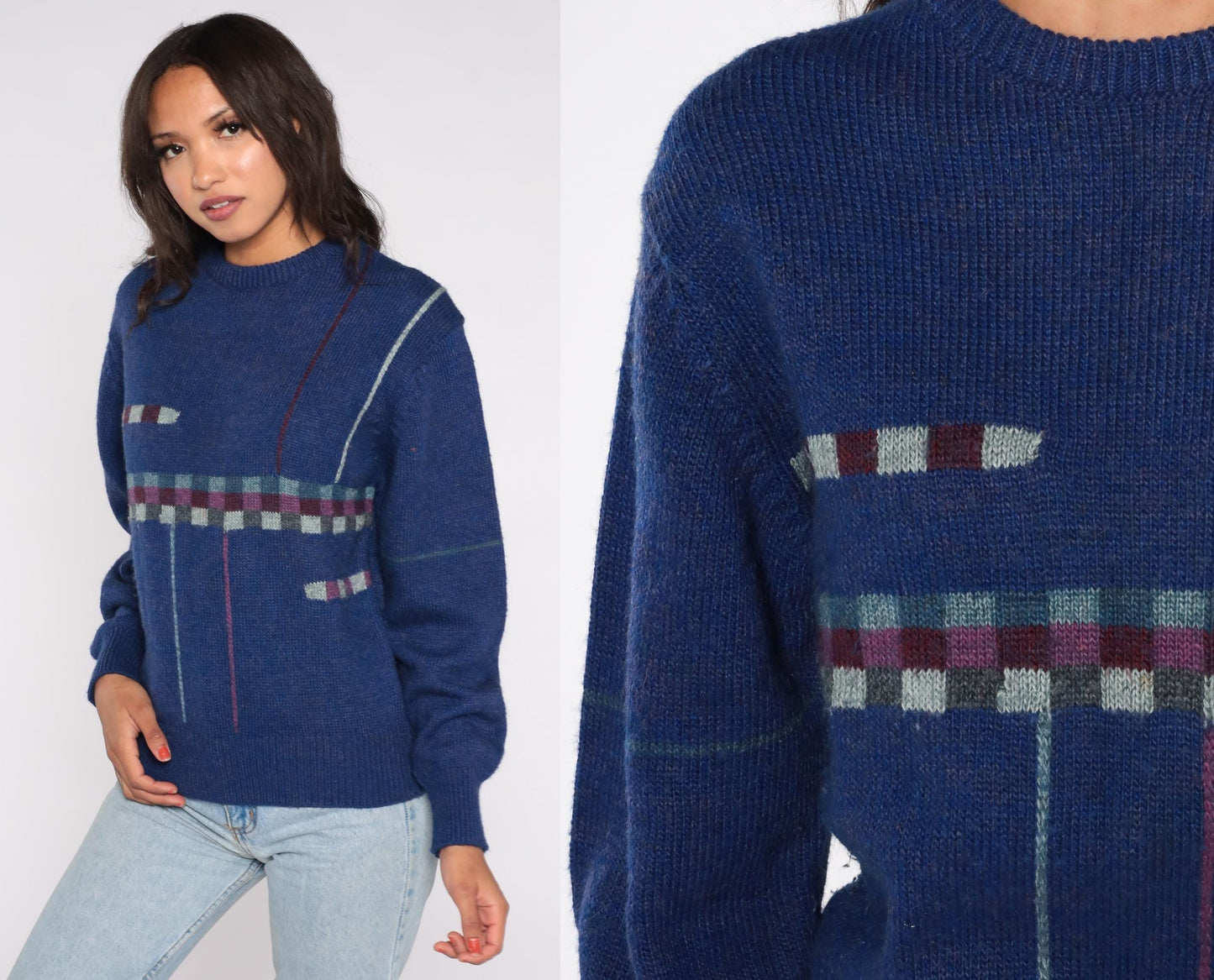 80s Navy Wool Blend Sweater Abstract Geometric Pattern Crewneck Medium