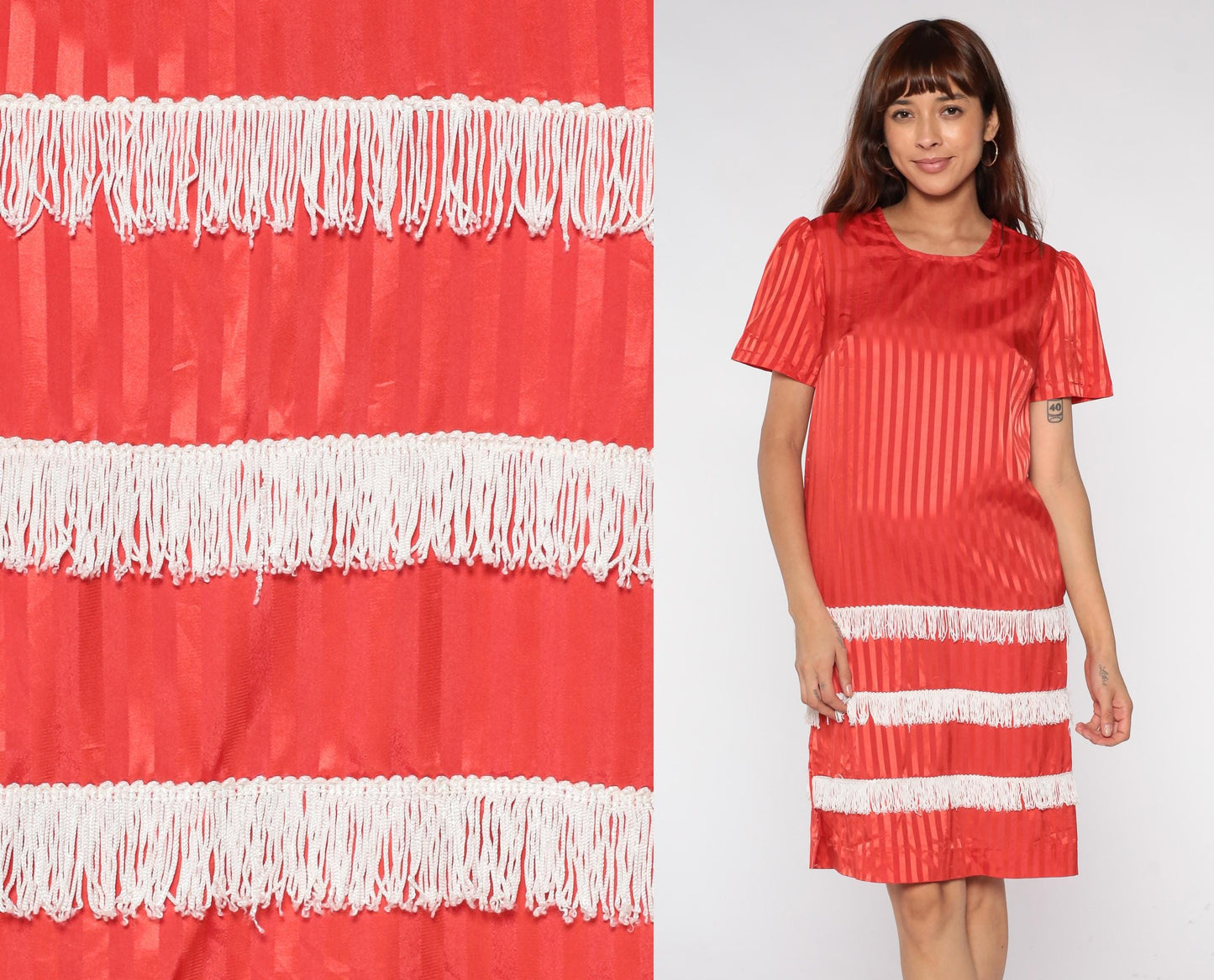 60s Red Satin Striped Shift Dress White Fringe Trim Mini XS
