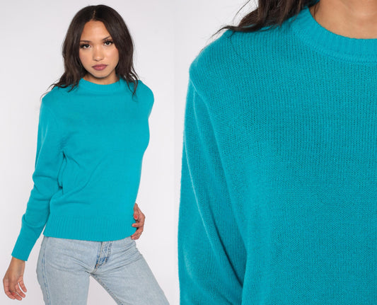 80s Turquoise Acrylic Crew Neck Sweater Knit Pullover Large L
