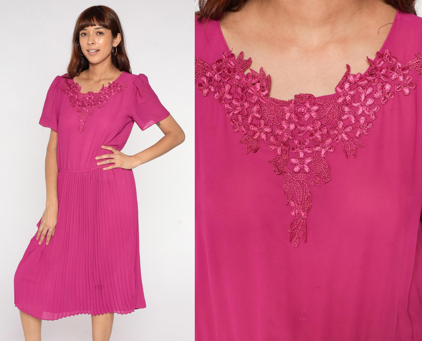 80s Mona Liza Magenta Pleated Midi Dress Puff Sleeve Floral Lace Large