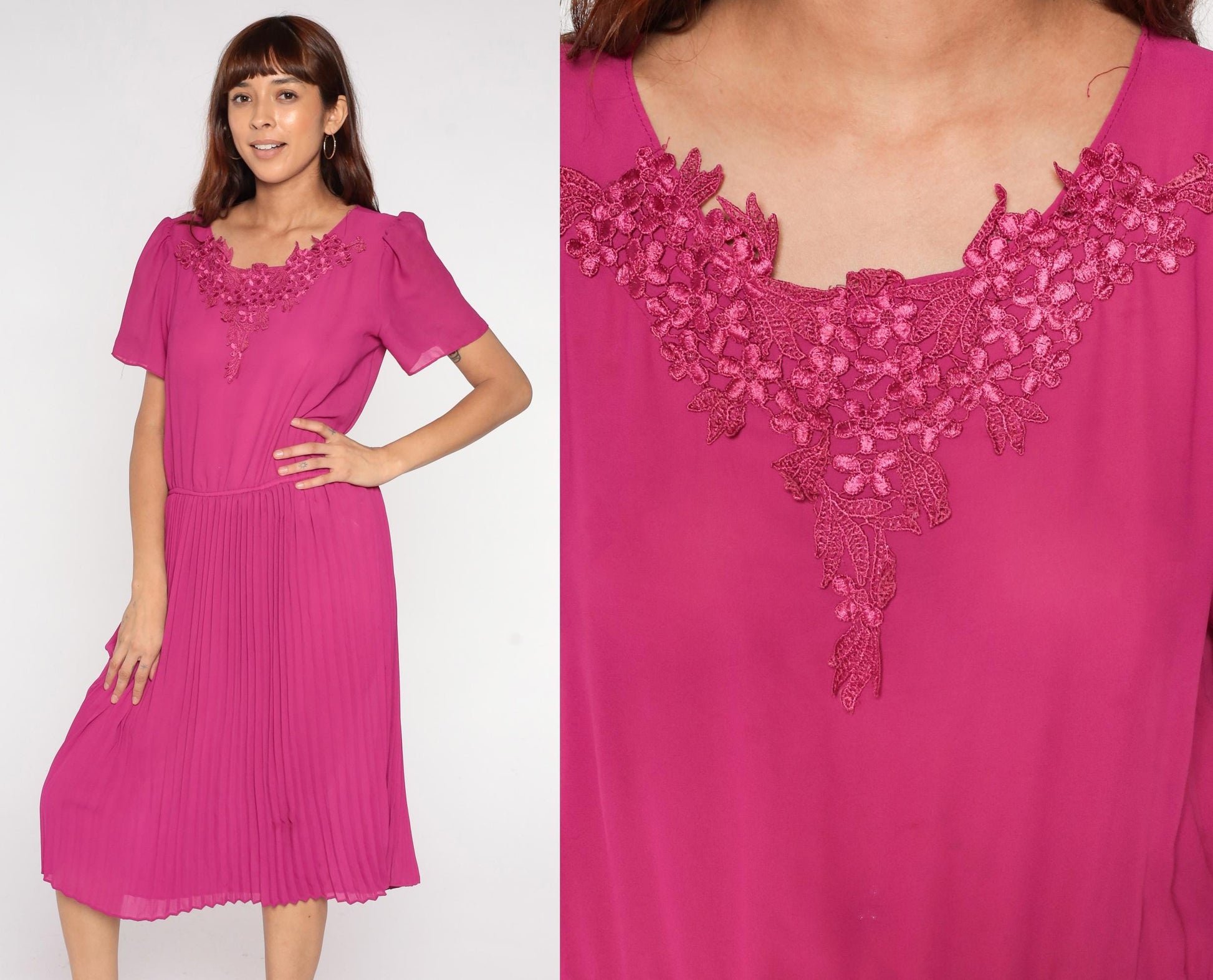 80s Mona Liza Magenta Pleated Midi Dress Puff Sleeve Floral Lace Large